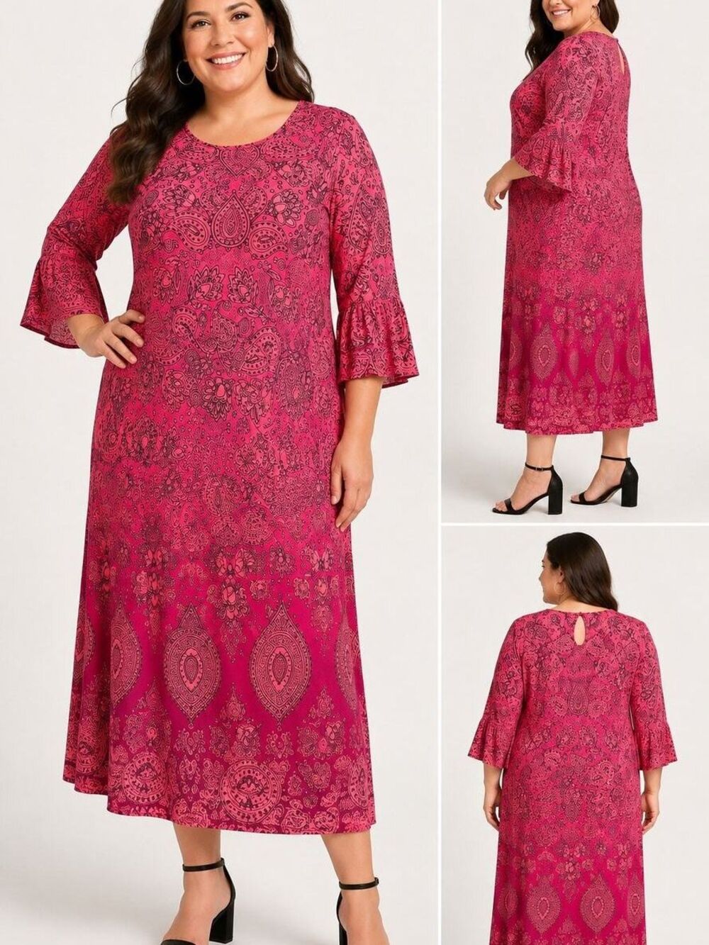 Catherines Coral Pink Paisley Maxi Dress, 3/4 Sleeve Stretch, Plus Size 18/20W